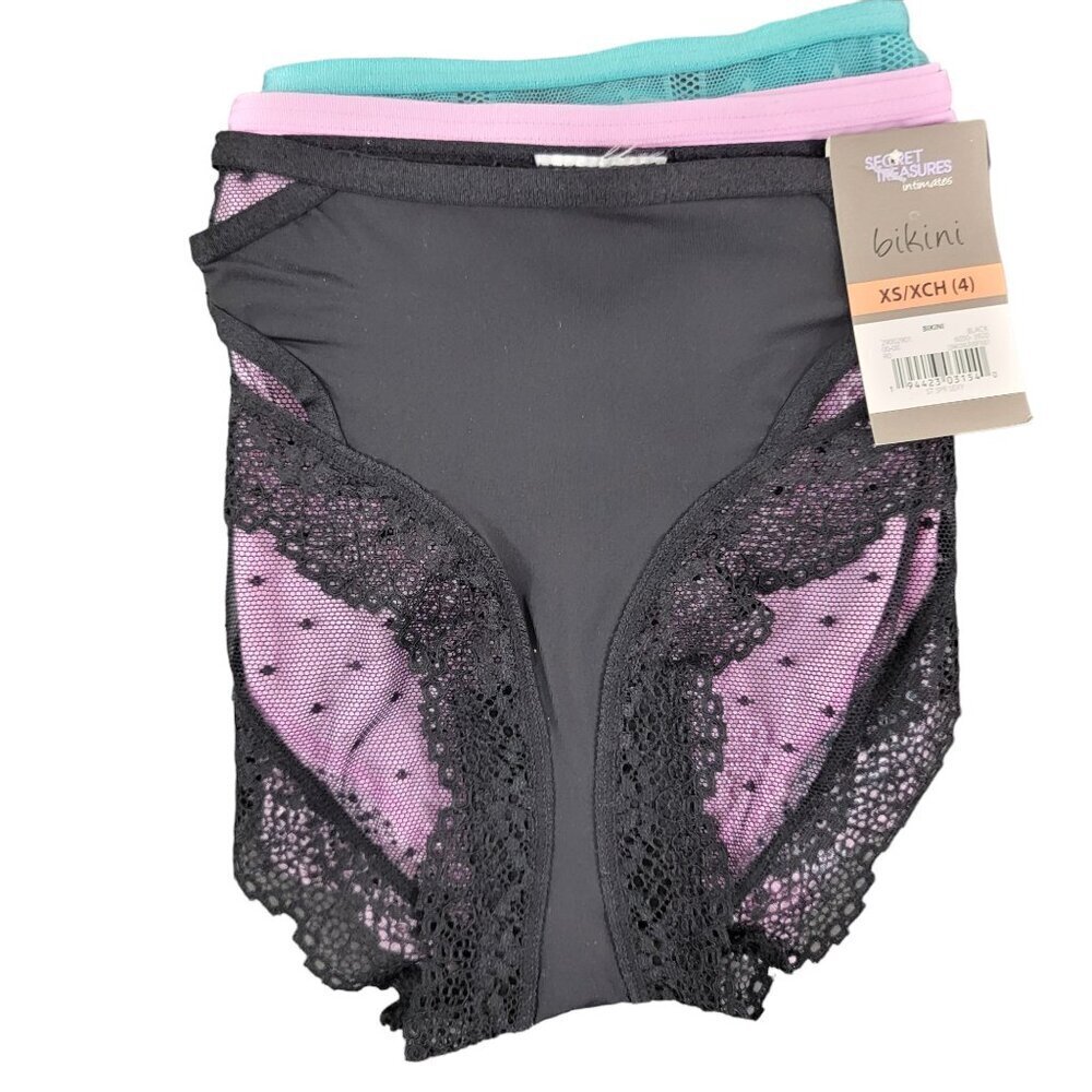 Secret Treasures Women’s Polka Dot Mesh & Lace Trim 3-Pack Bikini Panties - XS - Picture 7 of 11